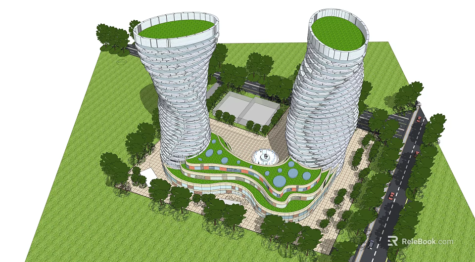 Twin Spiral Tower Commercial Complex With Green Rooftops And Surrounding Greenery 3d model 