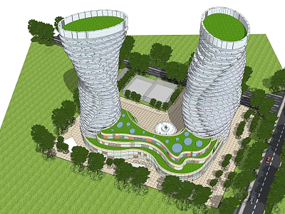 Twin Spiral Tower Commercial Complex With Green Rooftops And Surrounding Greenery 3d model