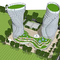 Twin Spiral Tower Commercial Complex With Green Rooftops And Surrounding Greenery