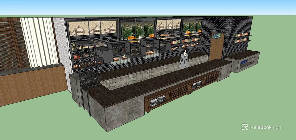 Modern Restaurant Interior Featuring Bar Counter Shelves And Green Plant Displays 3d model 