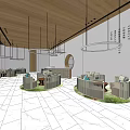 Modern Store Front Desk With Wooden Walls Marble Floor And Circular Pendant Lights