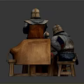 Medieval Knight Miniatures Gathered Around Wooden Table With Red Dice And Stools