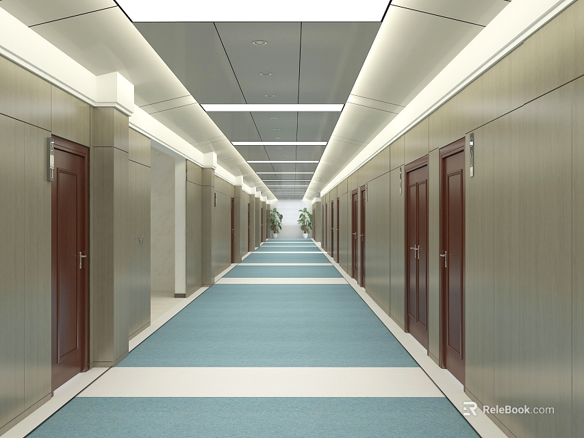 Modern Office Corridor With Long Layout Blue And White Carpet And Ceiling Light Strips 3d model 