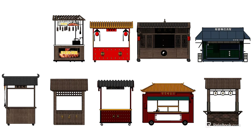 Mobile Food Carts Traditional Chinese Style Various Designs Colorful Exteriors And Roof Canopies 3d model 