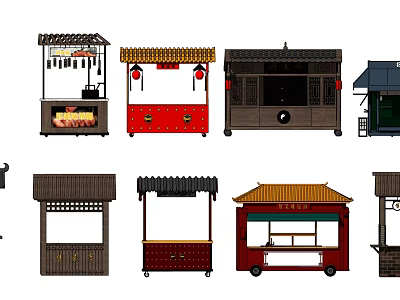 Mobile Food Carts Traditional Chinese Style Various Designs Colorful Exteriors And Roof Canopies 3d model
