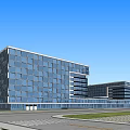 Modern Office Building Complex With Blue Glass Facade Green Roof And Surrounding Roads Green Spaces