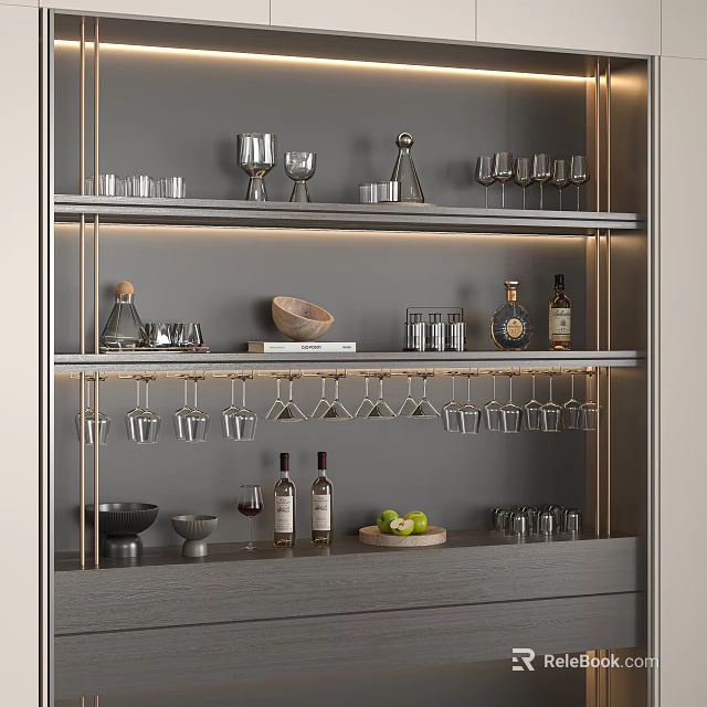 Modern Wine Rack With Built-in Lighting And Layered Shelves Holding Wine Glasses And Bottles 3d model 