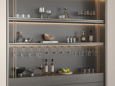 Modern Wine Rack With Built-in Lighting And Layered Shelves Holding Wine Glasses And Bottles 3d model