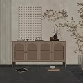 Elegant Decorative Ornament Set On Rattan Cabinet With Geometric Painting Dried Branches And Books