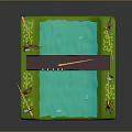 Miniature Landscape Scene Featuring Wooden Bridge Over Blue Water Green Grass And Trees