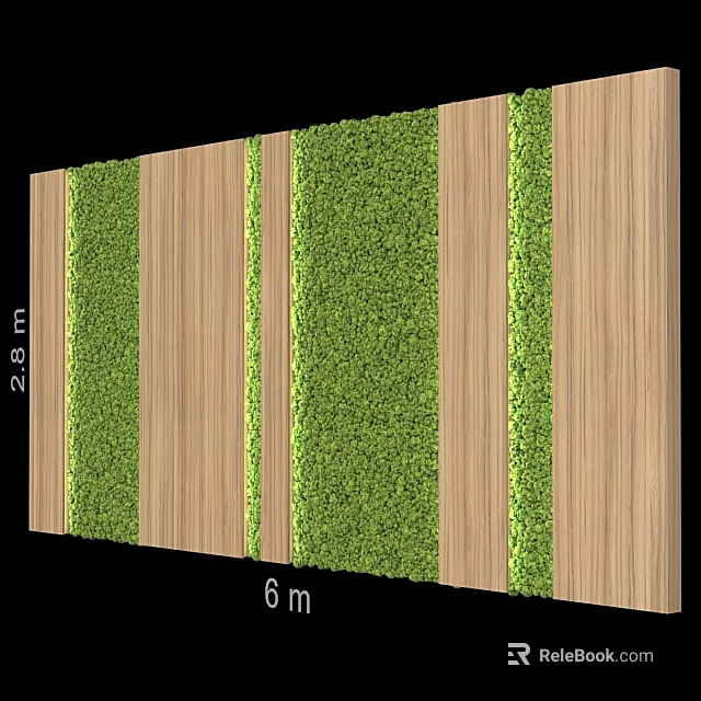 Natural Modern Wall Decor With Alternating Wooden Strips And Green Plants 3d model 