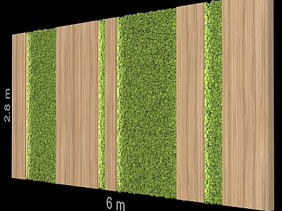 Natural Modern Wall Decor With Alternating Wooden Strips And Green Plants 3d model