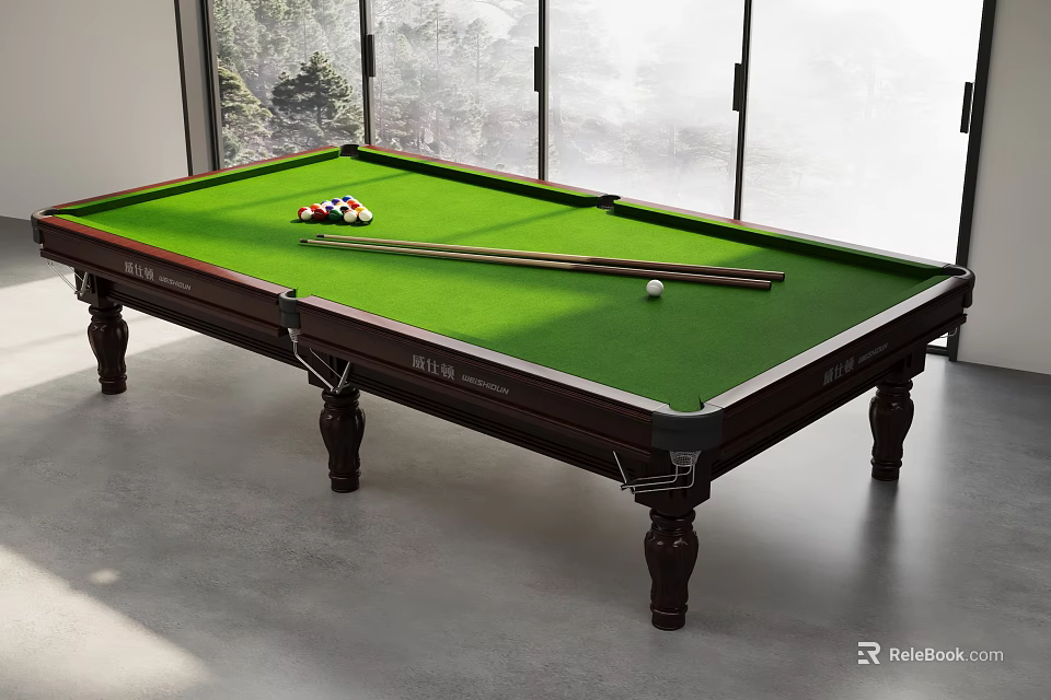 Modern Billiard Room With Green Felt Table Billiard Balls Cues And Large Windows 3d model 