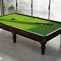 Modern Billiard Room With Green Felt Table Billiard Balls Cues And Large Windows