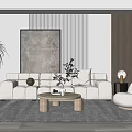 Modern Minimalist Living Room Interior With Beige Sofa Round Coffee Table Plants And Wall Painting
