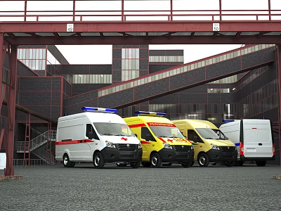 Utility Vehicles Including Ambulances With Blue Yellow Lights Parked By Modern Building 3d model