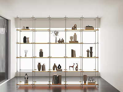 Modern Metal Frame Bookshelf With Multiple Shelves Decorative Sculptures And Books 3d model