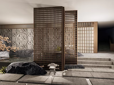 Japanese Style Home Balcony Design With Wooden Lattice Stone Wall Round Decor And Water Feature 3d model