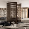 Japanese Style Home Balcony Design With Wooden Lattice Stone Wall Round Decor And Water Feature