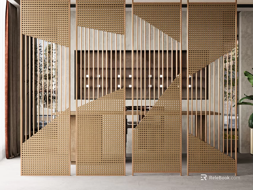 Modern Room Divider With Woven Rattan Geometric Patterns For Interior Space Partition 3d model 