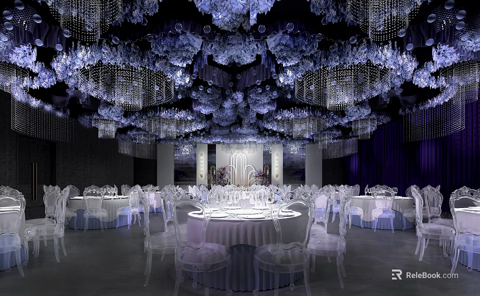 Elegant Banquet Hall Interior with Purple Floral Decorations Hanging Chandeliers White Tables and Chairs 3d model 