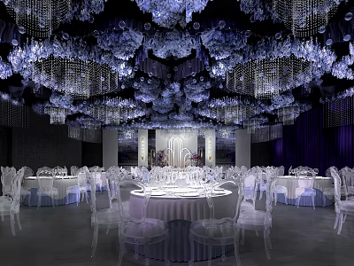 Elegant Banquet Hall Interior with Purple Floral Decorations Hanging Chandeliers White Tables and Chairs 3d model
