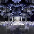 Elegant Banquet Hall Interior with Purple Floral Decorations Hanging Chandeliers White Tables and Chairs