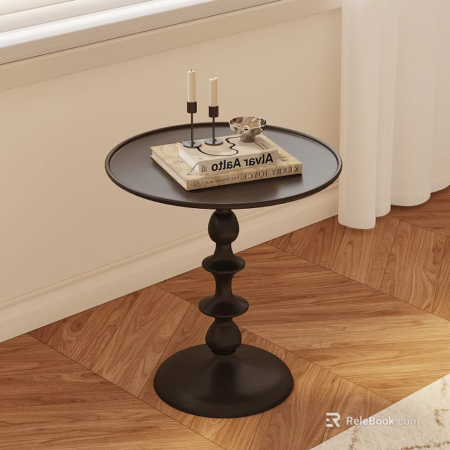 Black Round Side Table With Magazine Candle Holder and Layered Base on Wooden Floor 3d model 