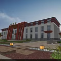 Traditional And Modern Fusion Museum Building With White Facade Red Structures And Landscaped Courtyard
