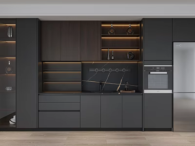 Modern Kitchen Wine Cabinet Interior With Black Wooden Shelves And Lighting 3d model