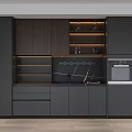 Modern Kitchen Wine Cabinet Interior With Black Wooden Shelves And Lighting