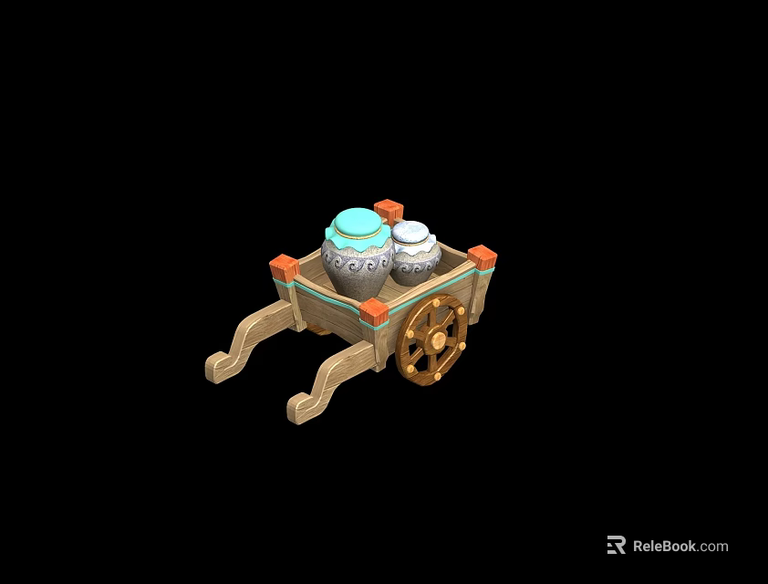 Ornate Wooden Cart With Two Jars Round Wheels And Decorative Design 3d model 