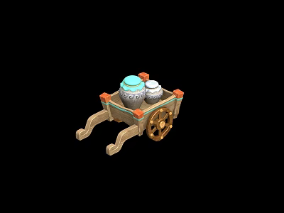 Ornate Wooden Cart With Two Jars Round Wheels And Decorative Design 3d model