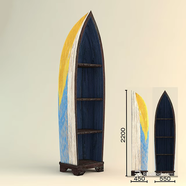 Boat Shaped Decorative Cabinet With Yellow Blue White Color And Multiple Shelves 3d model 