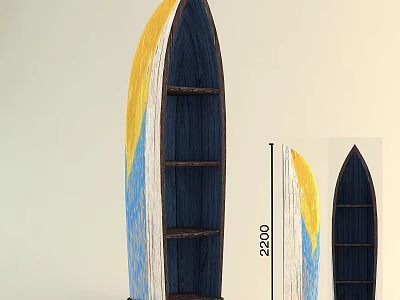 Boat Shaped Decorative Cabinet With Yellow Blue White Color And Multiple Shelves 3d model