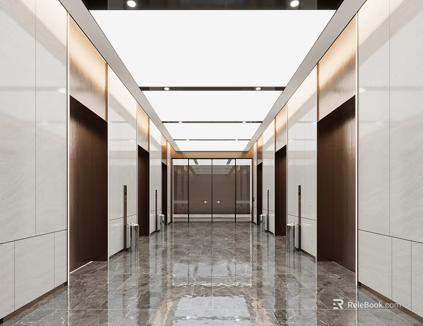 Modern Office Hallway Interior Design With Elevators Marble Floor And Recessed Lighting 3d model 