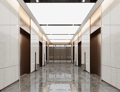 Modern Office Hallway Interior Design With Elevators Marble Floor And Recessed Lighting 3d model
