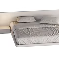 Modern Double Bed With Soft Linen Sheets Fabric Headboard And Wooden Nightstand