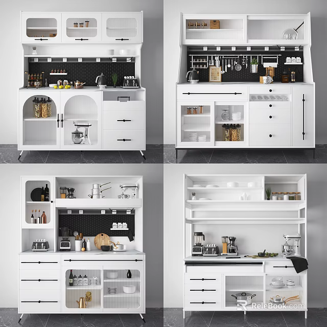 Modern White Sideboard With Black Backboard Open Closed Storage And Kitchenware 3d model