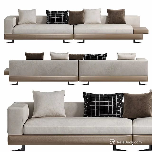 Modern Multi Seater Sofa with Light Beige Upholstery and Plush Checkered Solid Color Pillows 3d model