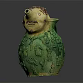 Green Ceramic Pitcher with Decorative Head Mane Relief Carvings Spout and Handle