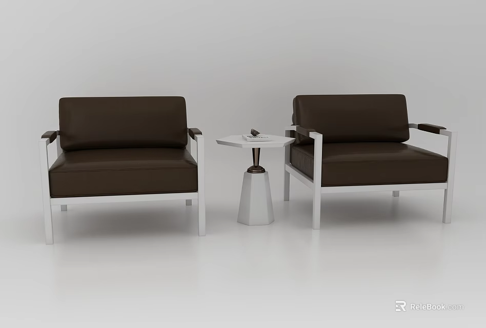 Casual Sofa Set with Brown Upholstery Silver Metal Frames and Small White Round Table 3d model