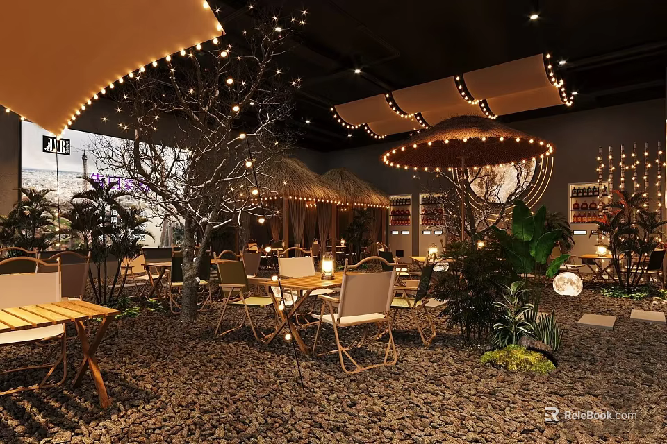 Cozy Tropical Bar Interior With String Lights Green Plants Wooden Tables And Pebble Floor 3d model 