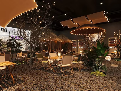 Cozy Tropical Bar Interior With String Lights Green Plants Wooden Tables And Pebble Floor 3d model