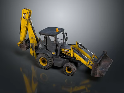 Yellow Backhoe Loader With Front Loader Bucket Backhoe Arm And Black Cab 3d model
