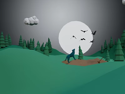 Cartoon Scene With Green Hills Pine Trees Big Moon Flying Birds And Blue Wolf 3d model