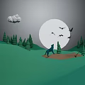 Cartoon Scene With Green Hills Pine Trees Big Moon Flying Birds And Blue Wolf