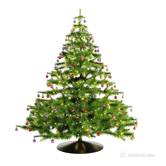 Potted Christmas Tree Decorated With Colorful Ornaments And String Lights 3d model 