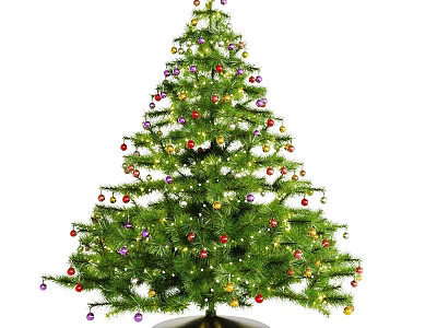 Potted Christmas Tree Decorated With Colorful Ornaments And String Lights 3d model