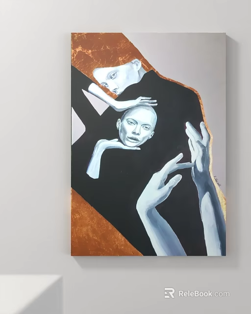 Figure Painting Featuring Multiple Faces Expressive Hands In Black White And Gold 3d model 